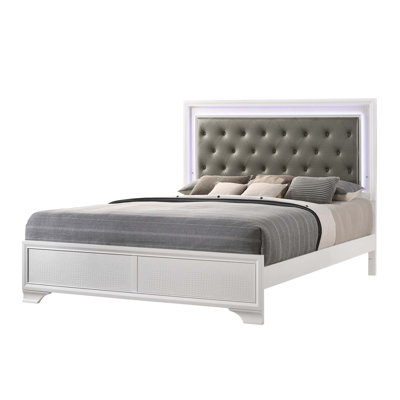 Upholstered 1pc King Size Bed with LED Panel, Faux Diamond Tufted and Crocodile Skin Finish for a Luxurious Bedroom Experience