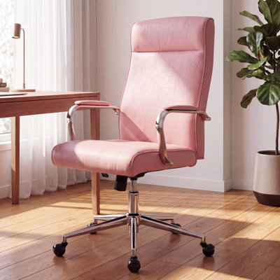 Chaise de bureau en similicuir à haut dossier, chaise de bureau d'ordinateur de direction avec accoudoirs chromés et chaise de travail pivotante à 360 °, hauteur réglable pour le bureau personnel (rose)
