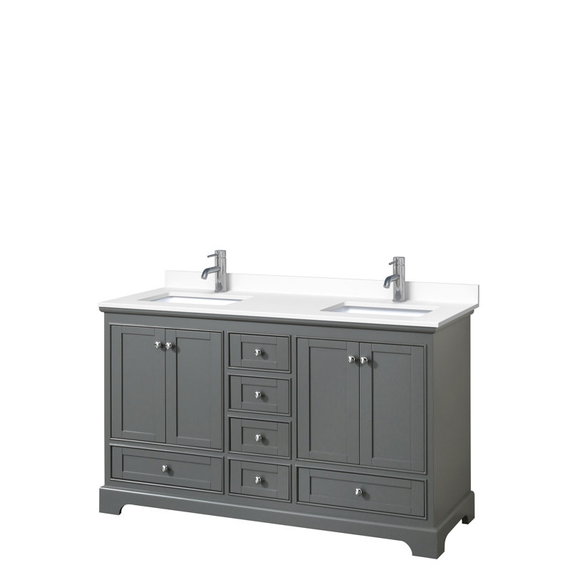 Ensemble de meuble-lavabo double 60 po Deborah, Espresso foncé, Marbre de culture blanc, Chrome poli