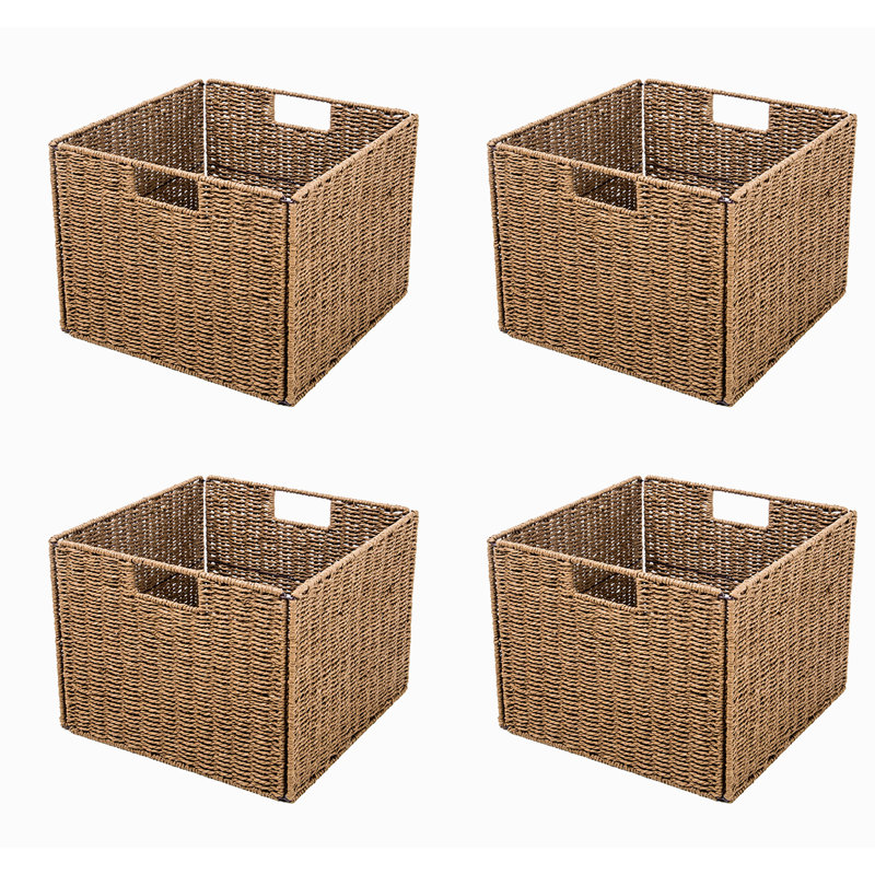 Walnut Brown Foldable Paper Rope Storage Baskets with Iron Frame, Set of 4