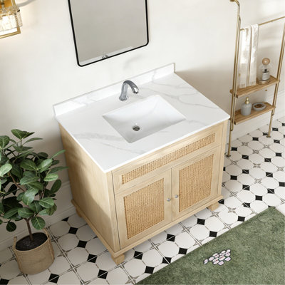 Meuble-lavabo à quartz de 37 po avec lavabo central encastré, dosseret haut de 4 po, 1 trou de robinet pré-percé, polyvalent pour différentes décorations de teinture et de chaleur, aspect luxueux