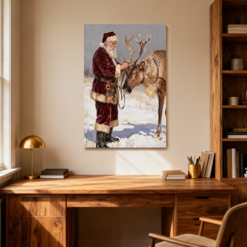 Noël père Noël avec renne dans un paysage enneigé, H 48 po x l 32 po