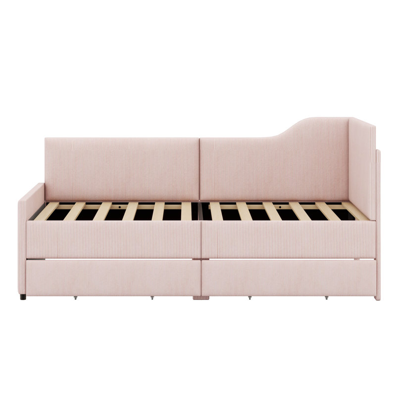 Tallis  L-Shaped Corduroy Daybed,Upholstered Bed Frame With 2 Storage Drawers, Pink