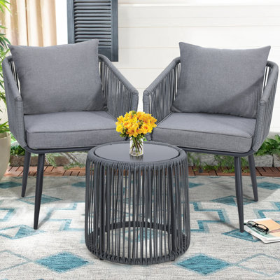 Ensemble de conversation 3 pièces bistro en rotin de patio, mobilier d'extérieur en osier toutes saisons, gris