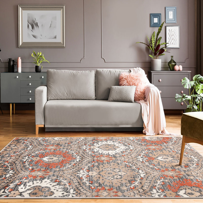 Tapis floral rouille 8 pi x 10 pi résistant aux taches