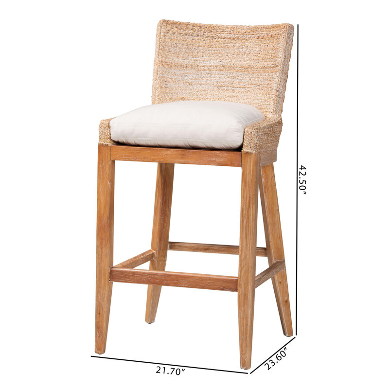Tabouret de bar Bali et Pari Ridley Seagrass avec structure en bois d'acajou, Blanc délavé