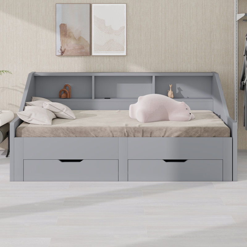 Daybed Frame With Storage Bookcases And Two Drawers,Charging Design, Gray