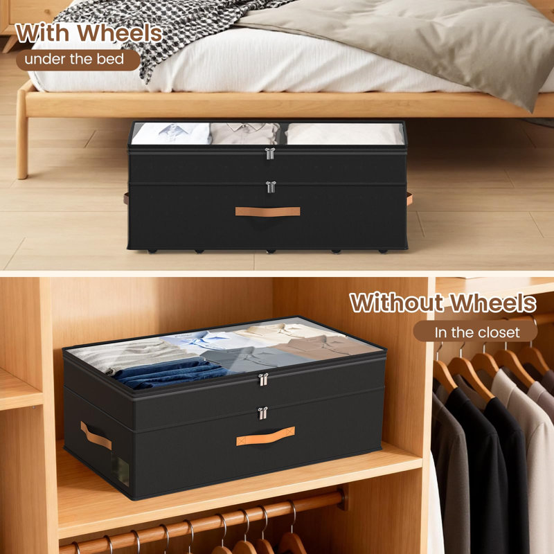 Rangement sous le lit avec roulettes, paquet de 2, 11 po, 90 L, grands bacs de rangement réglables, noir