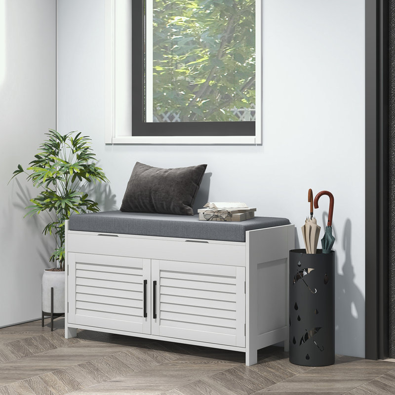 White Entryway Shoe Storage Bench with Gray Cushion and Shutter Doors