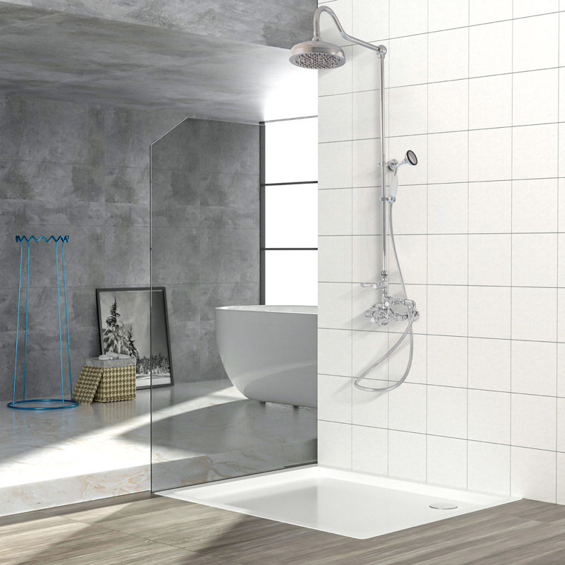 Système de douche thermostatique exposé 48 po mural avec douche à main 1,75 GPM et poignées levier, Chrome