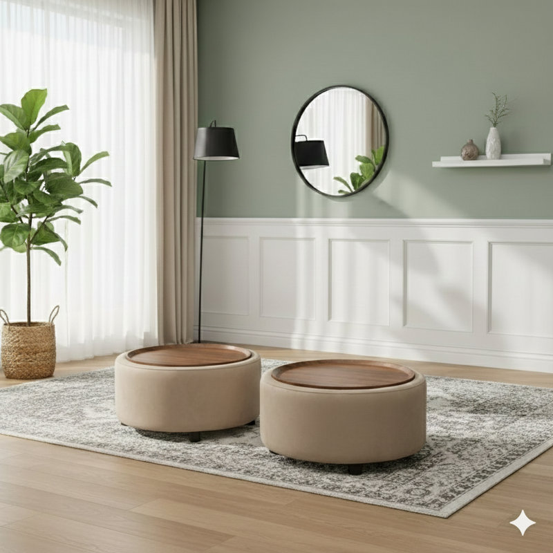 Eniyah Round Cocktail Ottoman With Storage, Gray