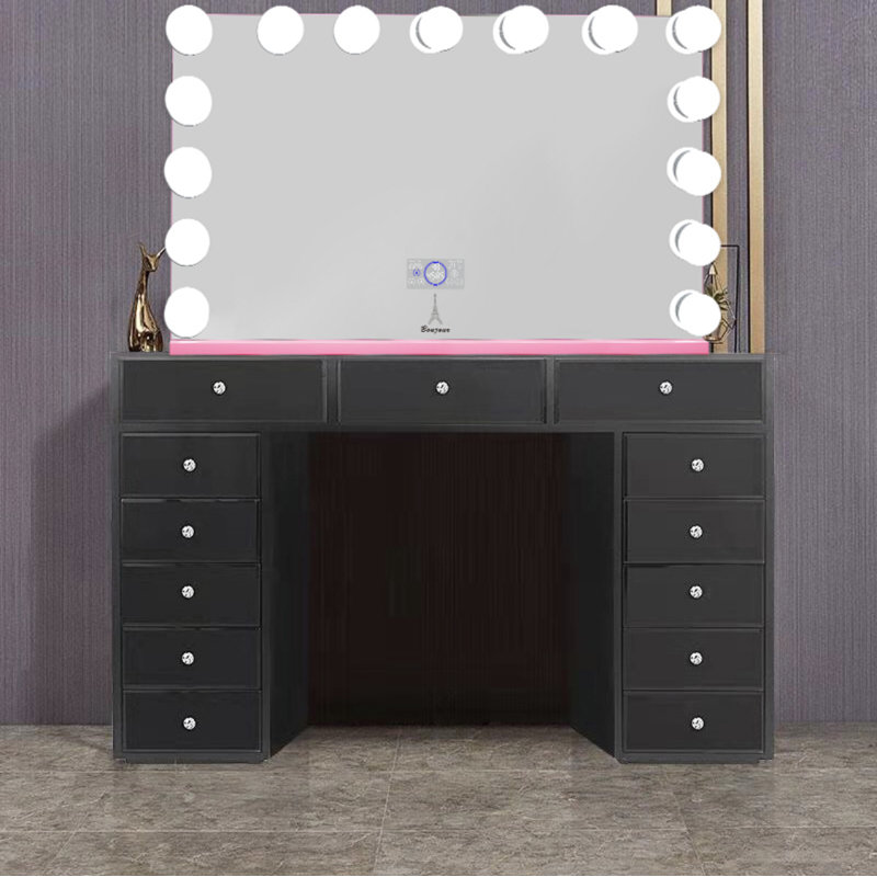 Meuble-lavabo à miroir noir avec 13 tiroirs utilisés pour le rangement du maquillage Miroir optionnel avec lumières Hollywood