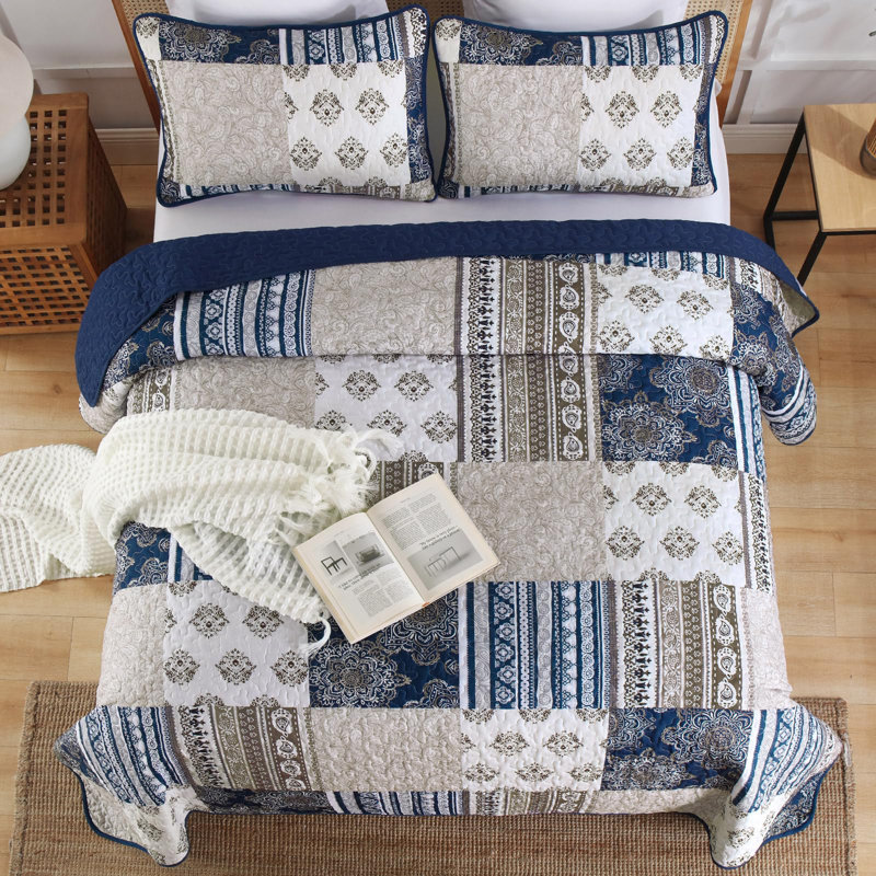 Ensemble de literie réversible 3 pièces Boho, Navy Blue Patchwork, Courtepointe très grand + 2 taies décoratives