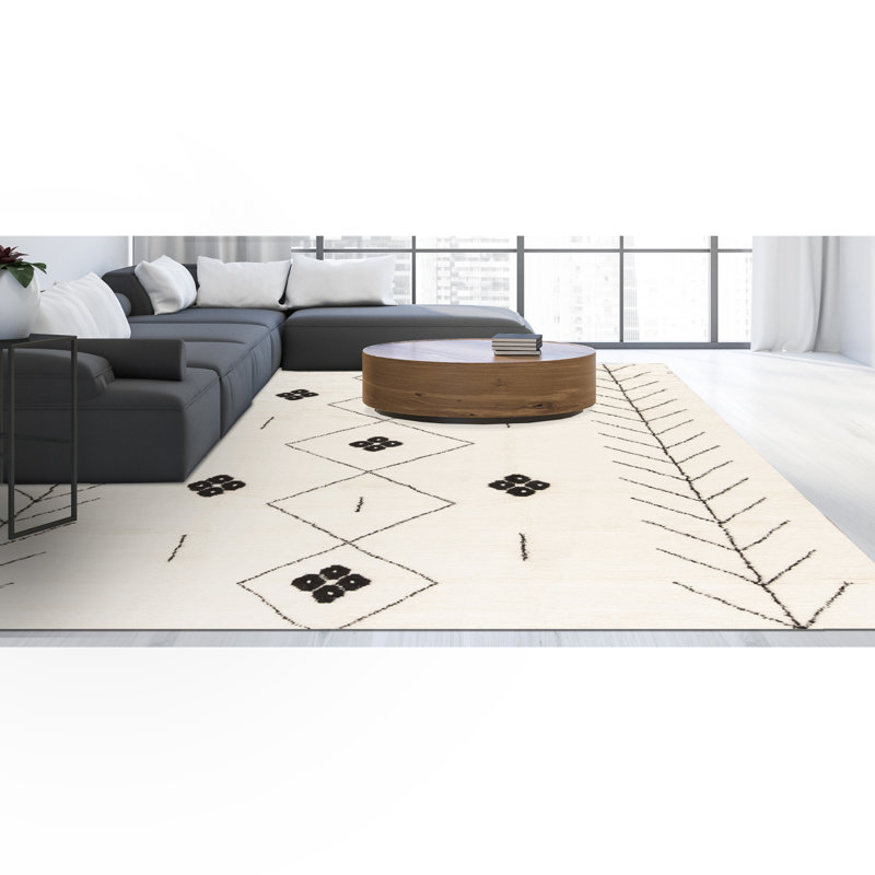 Moroccan Wool Southwestern Area Rug in Ivory/Black, Rectangle 9' x 12'