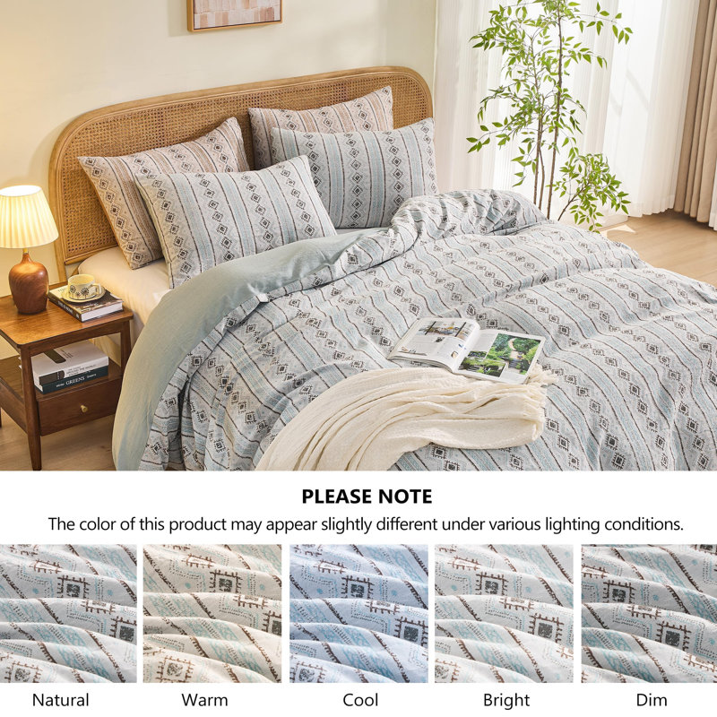 100% Cotton Yarn-Dyed Jacquard Duvet Floral Duvet Cover Set, King Duvet Cover + 2 King Pillowcases, Green Boho