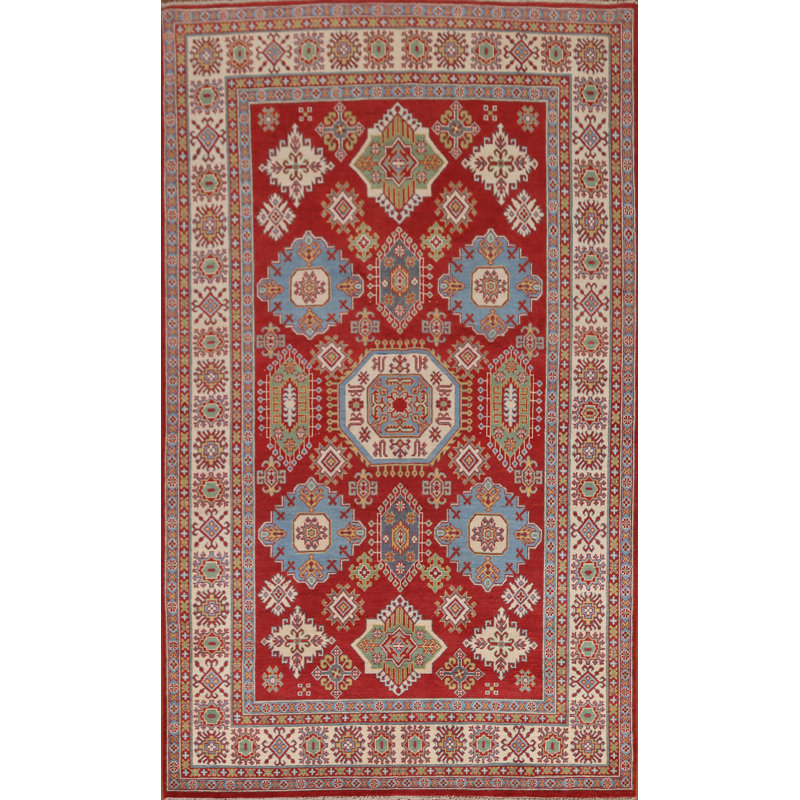 Tapis rouge / beige / bleu en laine noué à la main de conception unique 6 pi 6 po x 10 pi 1 po New Age