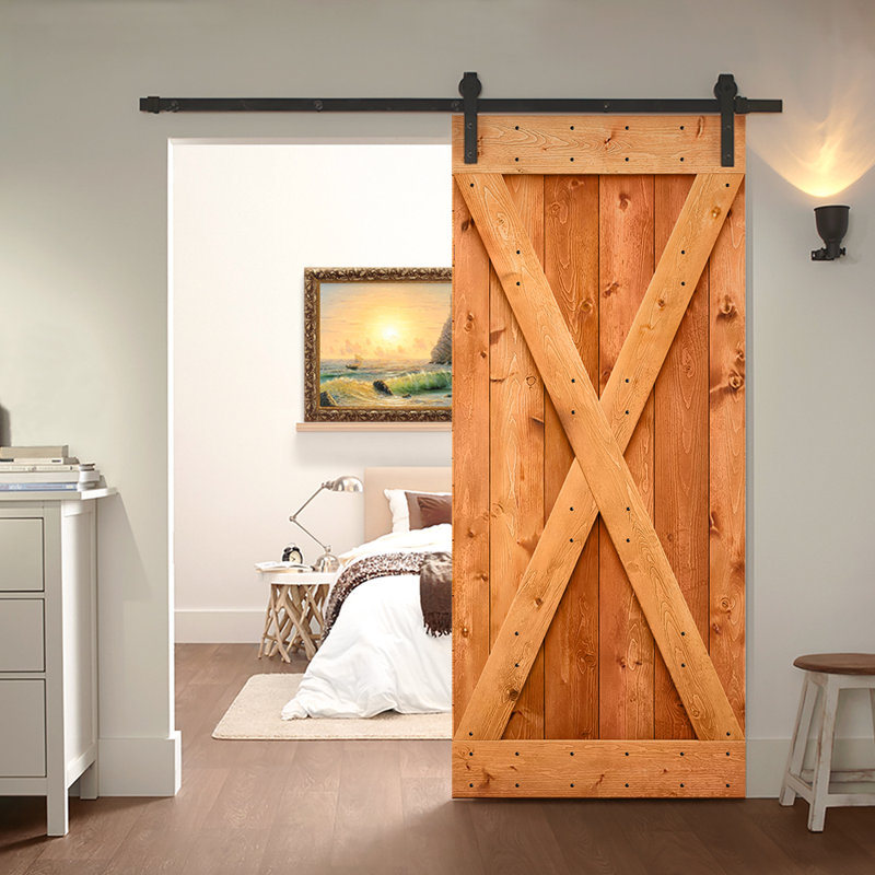 Porte de grange à panneaux et en bois avec quincaillerie d'installation, 46 po x 84 po, Noyer rouge, Noir mat
