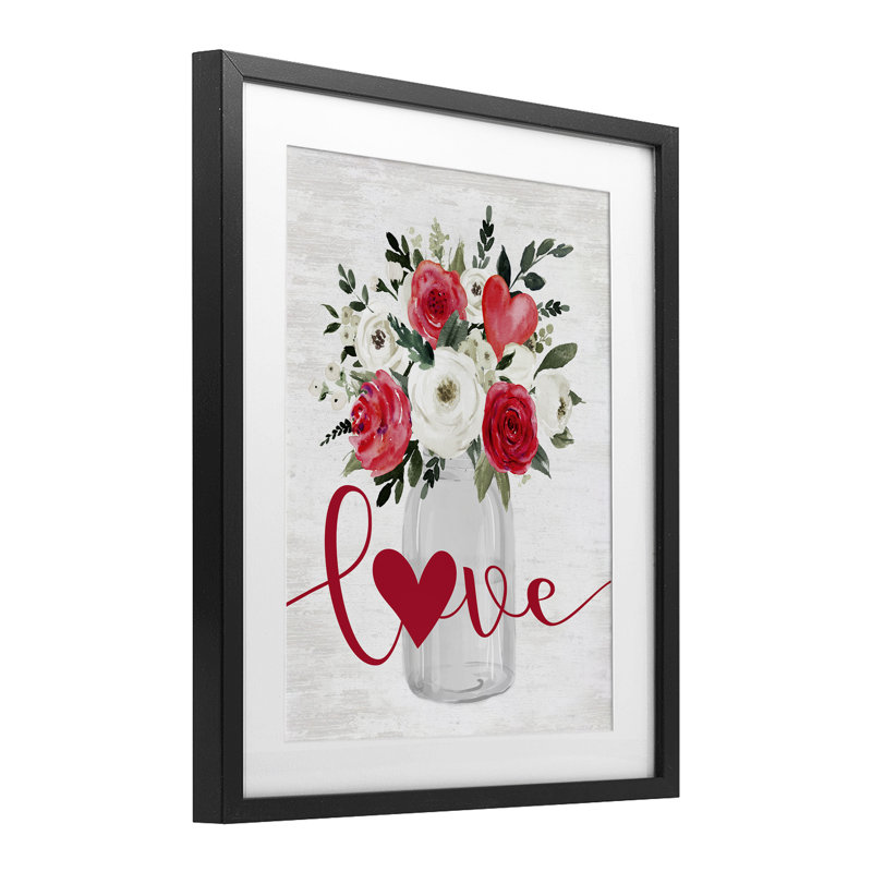 «Love & Hearts Flower Bouquet», reproduction imprimée sous verre encadrée, H 16 po x l 13 po, Cadre noir minuit