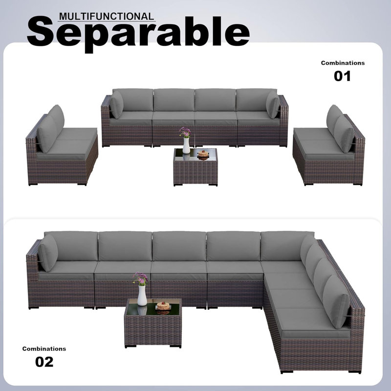 Yasmina 9-Piece Rattan Sectional Seating Group with Cushions And Tempered Glass Table, Gray