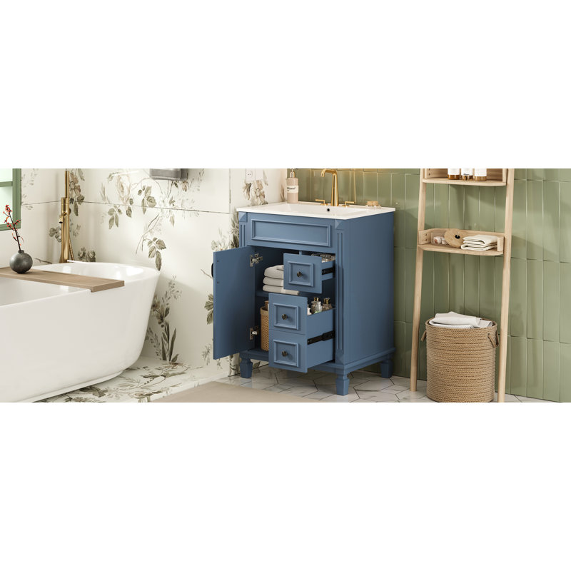 Meuble-lavabo de 61 cm avec lavabo, petit rangement avec 2 tiroirs et étagère réglable, style français épuré, glissières fluides