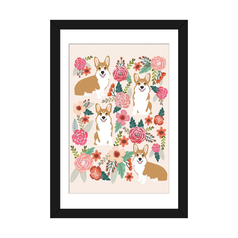 Corgi floral, reproduction d’art sur toile tendue, H 32 po x l 24 po x P 1 po, Papier d'art encadré noir, Blanc
