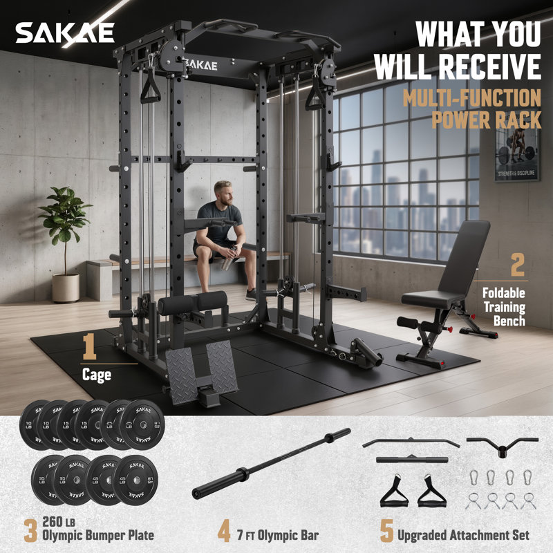 Multi-Function Squat Rack with Cable Crossover System, Power Rack with LAT Pull Down, Pull-Up Bar, Dip Bars, Weight Bench, 260 LB Bumper Plates, 7 FT Olympic Bar & Training Attachments