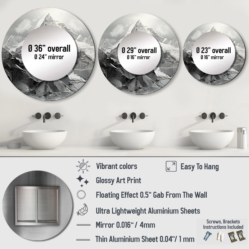 Snowy Mountain Peak I - miroir unique de montagnes, grand miroir mural rond gris, impression d'art en métal, 29 po x 29 po