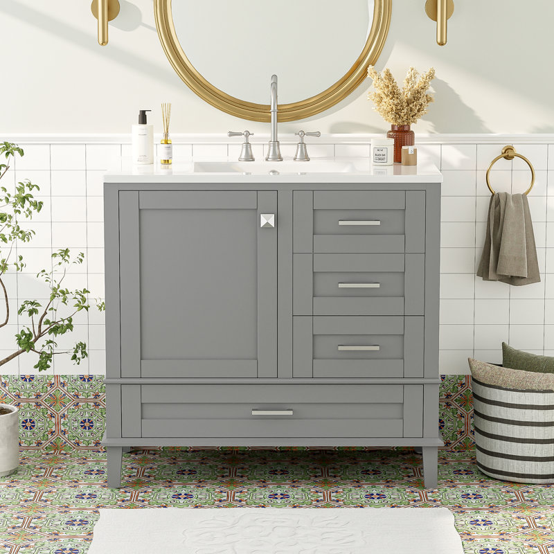 Meuble-lavabo 36 po avec cadre en pin massif, 1 porte à fermeture douce et 3 tiroirs, Gris/argent