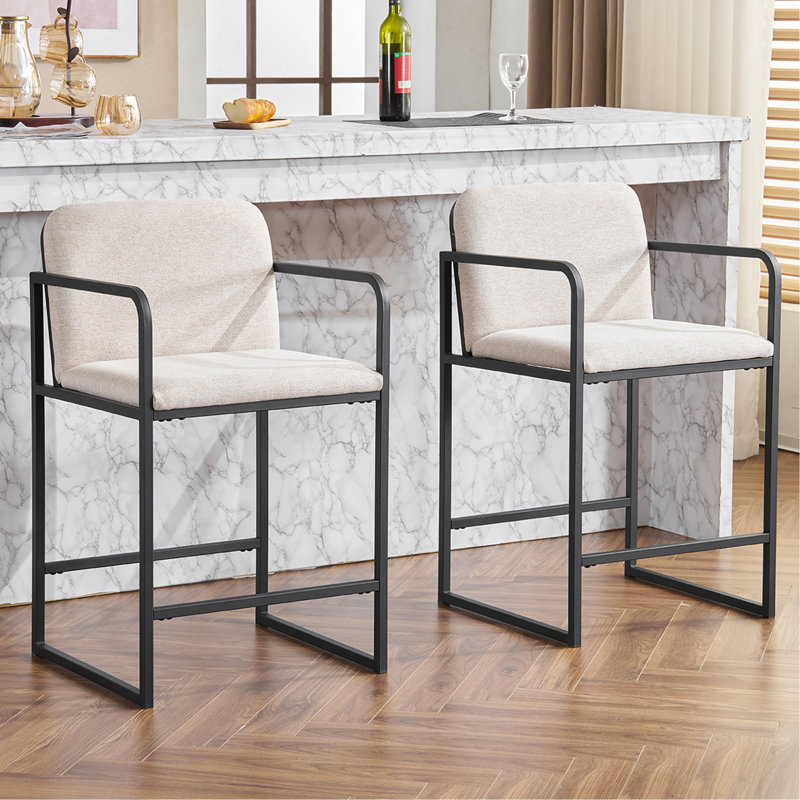 Set Of 2 Modern Upholstered Counter Height Bar Stools With Armrests, Metal Frame, Padded Seat For Comfortable Dining