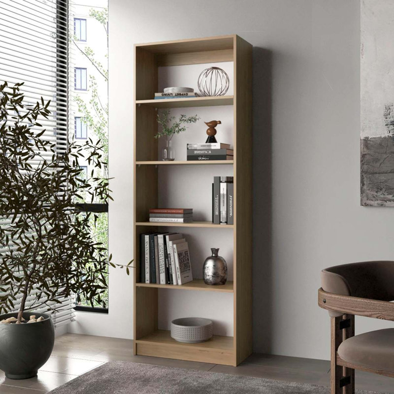 Bibliothèque en chêne naturel et blanc à 5 tablettes avec rangement ouvert, Chêne