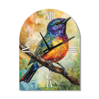 Horloge murale en métal arquée Colorful Songbird I - Cottage, sans tic-tac
