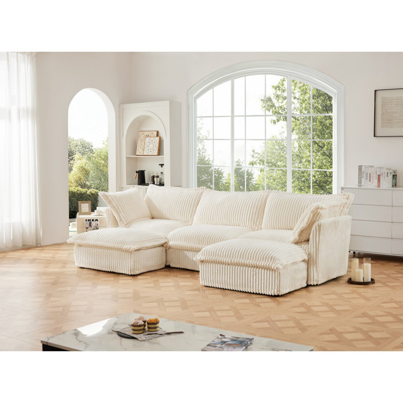 Slipcovered U Shape Sectional Wide and Deep Seat Sofa Couch, 4 Seater Sofa with French Edges Design Multiple Big Pillows, Soft Deep Seat Comfy Cloud Couch for Living Room, Apartment