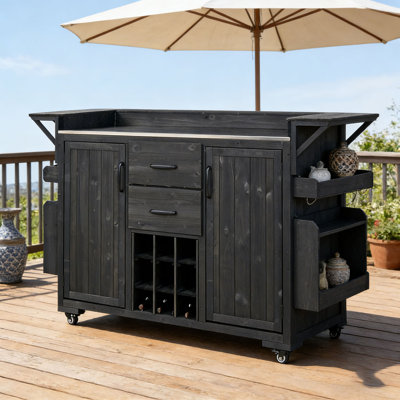 Modern 60.2''W Outdoor Kitchen Island with Wheels, Rolling Patio BBQ Kitchen Cart with Stainless Steel Top