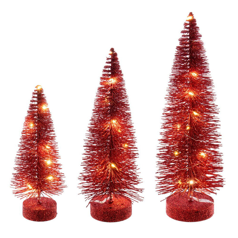  Ensemble d'arbres à brosse rouge 8 à 10 po., Blanc chaud, Rouge, H 1 pi