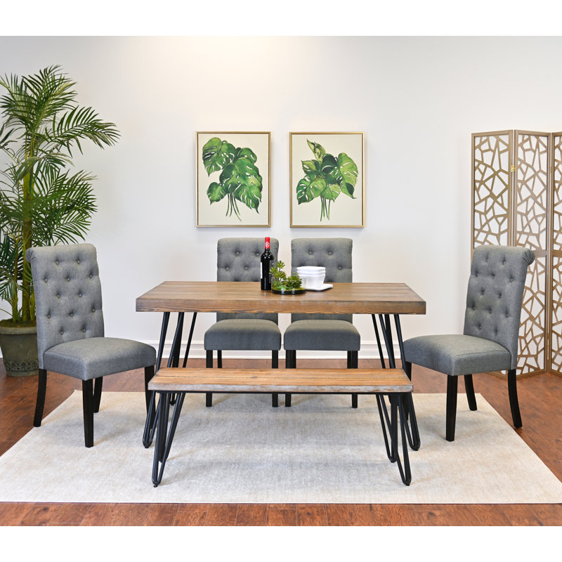 Ensemble de salle à manger 6 pièces, table à manger en épingle à cheveux avec 4 chaises et banc, 4 options de couleur, Gris