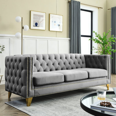 Fashionable Velvet Living Room : Button , Square Arm, Metal Leg Graceful Bedroom Buttons, Feet