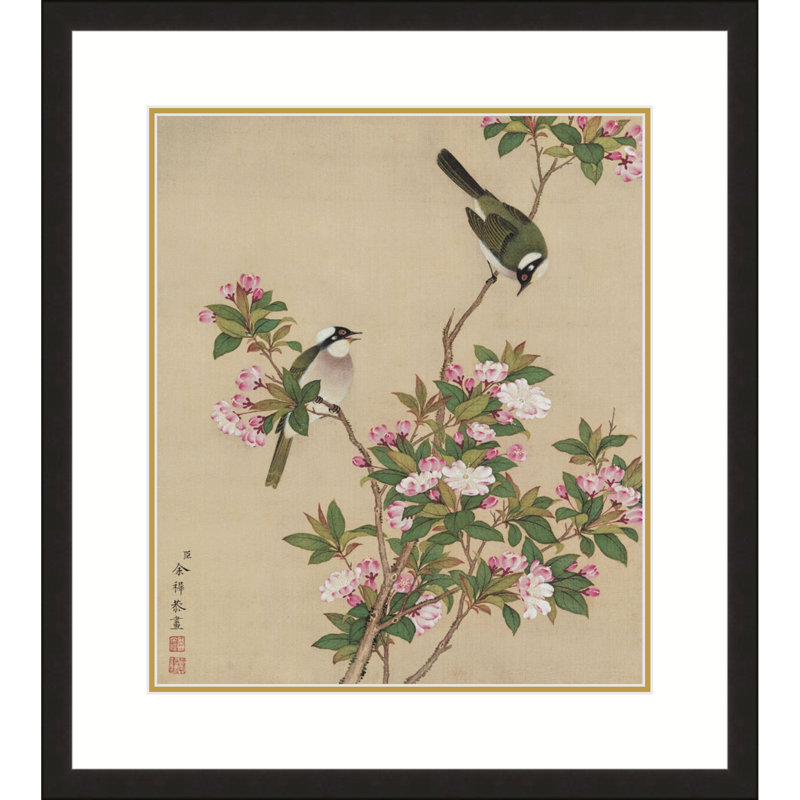 Bulbuls Amidst Peach Blossoms by Yu Zhi - Single Picture Frame Print, 17.5" H x 13.5" W x 0.94" D, Black