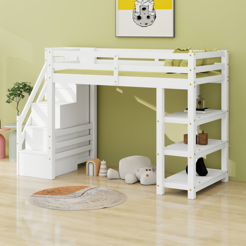 Lit mezzanine avec tablettes, escalier de rangement, petite armoire et lumière DEL, Lit simple