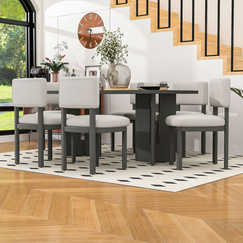 Ensemble de salle à manger 7 pièces avec table rectangulaire en bois et 6 chaises rembourrées, Gris/beige, Gris