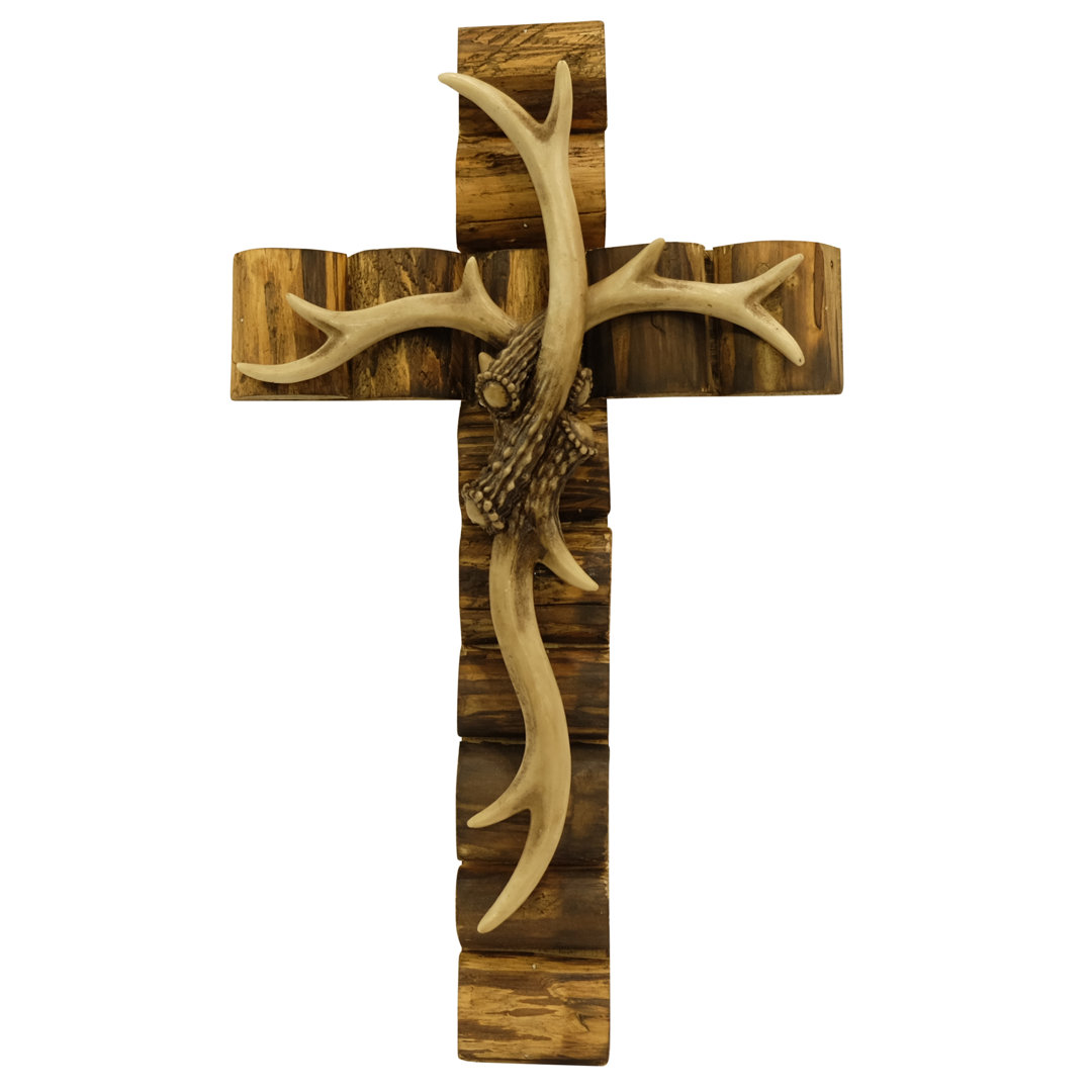 Polyresin Faux Deer Antler Stacked on Wooden Frame Hanging Wall Cross Décor Loon Peak®