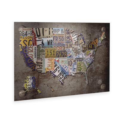 Art flottant en aluminium brossé, «USA Licence Plate Map On Metal»