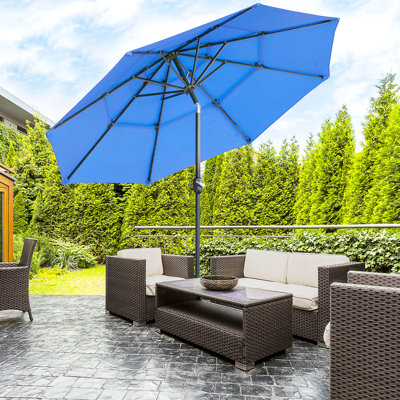 3 parasols de table de patio avec manivelle, bleu foncé pour la couverture de jardin et de terrasse, pelouse