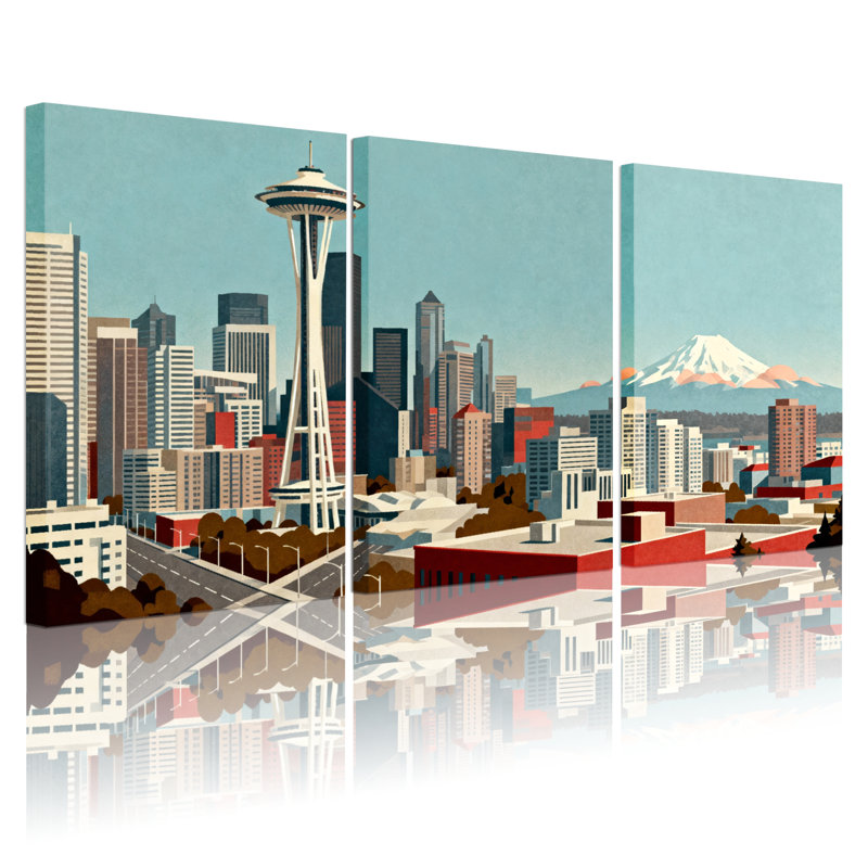 Ensemble de 3 tableaux sur toile représentant la ligne d'horizon de Seattle avec la Space Needle et le mont Rainier