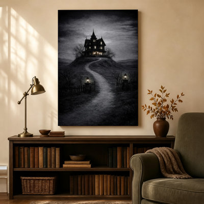Manoir gothique avec allée éclairée aux lanternes, tableau sur toile tendue, ambiance sombre et mystérieuse, 61 cm x 91 cm, prêt à accrocher.