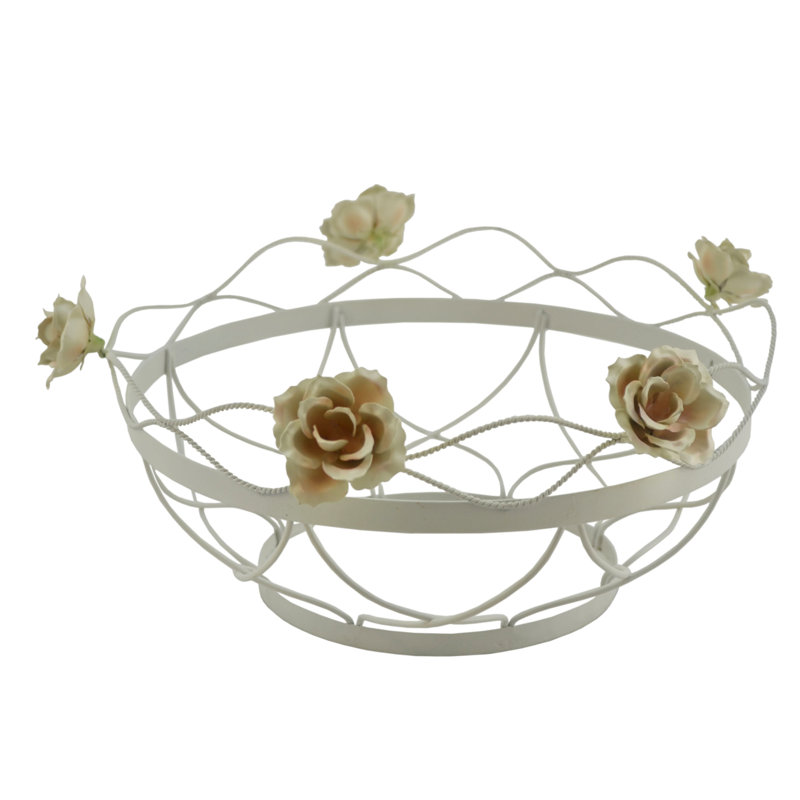 White and Pale Orange Metal Fruit Bowl with Floral Design