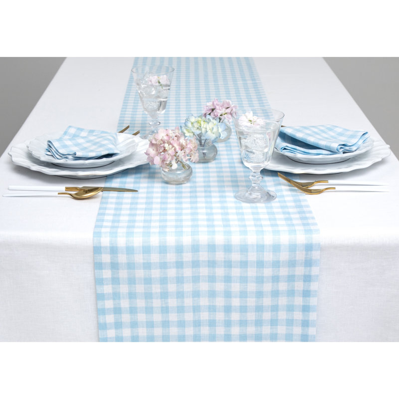Gingham Checks - 100% Pure Linen Table Runner, Blue Bell, 132" x 14"