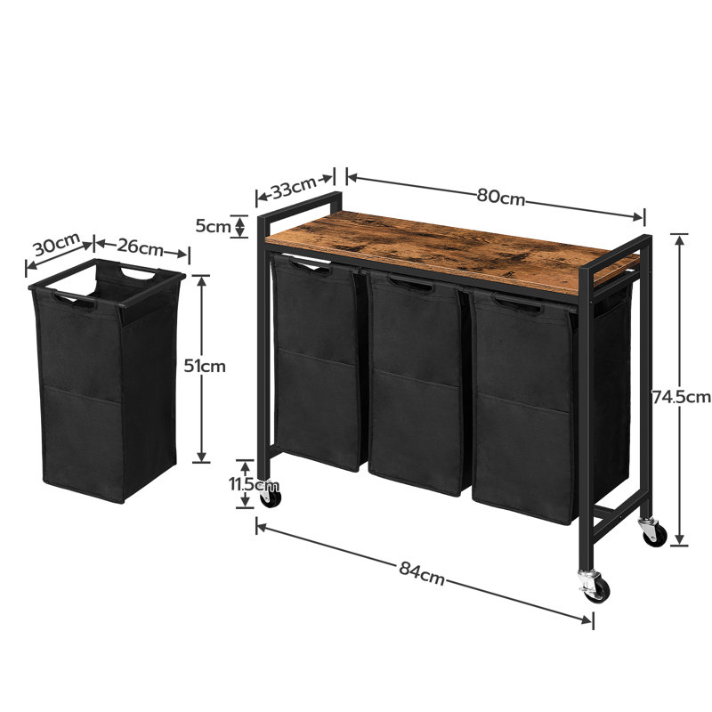 Wood Rolling Laundry Basket with Handles, Black/Rustic Brown