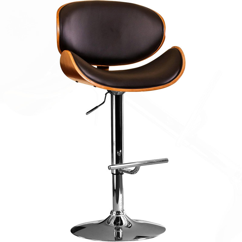 Swivel Walnut Bentwood Lift Adjustable Height Bar Stool With Curved Seat And Back (Black), Silver, Black