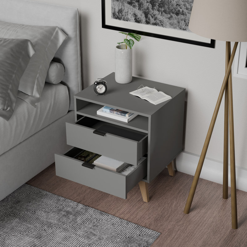 Clea Modern 2-Drawer Nightstand w/ Open Shelf - Bedside Table W.20.78', Gray