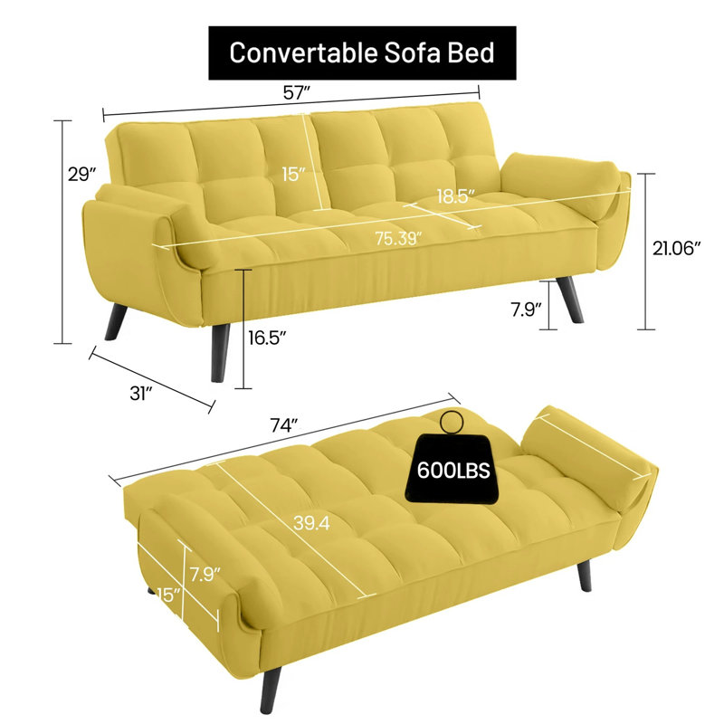 Canapé-lit à futon capitonné Esung, Velours jaune